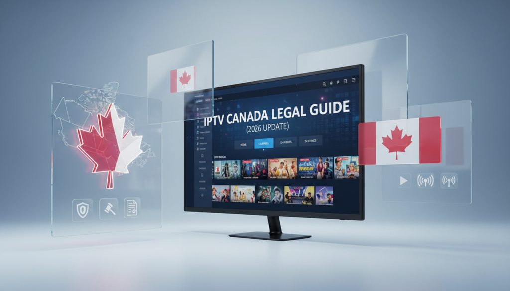 IPTV Canada legal guide showing Canadian flag with streaming devices and legal gavel