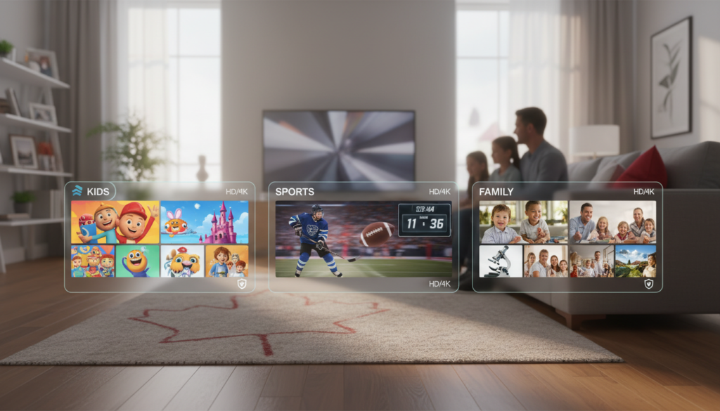 Family iptv canada , a family watching TV with content options