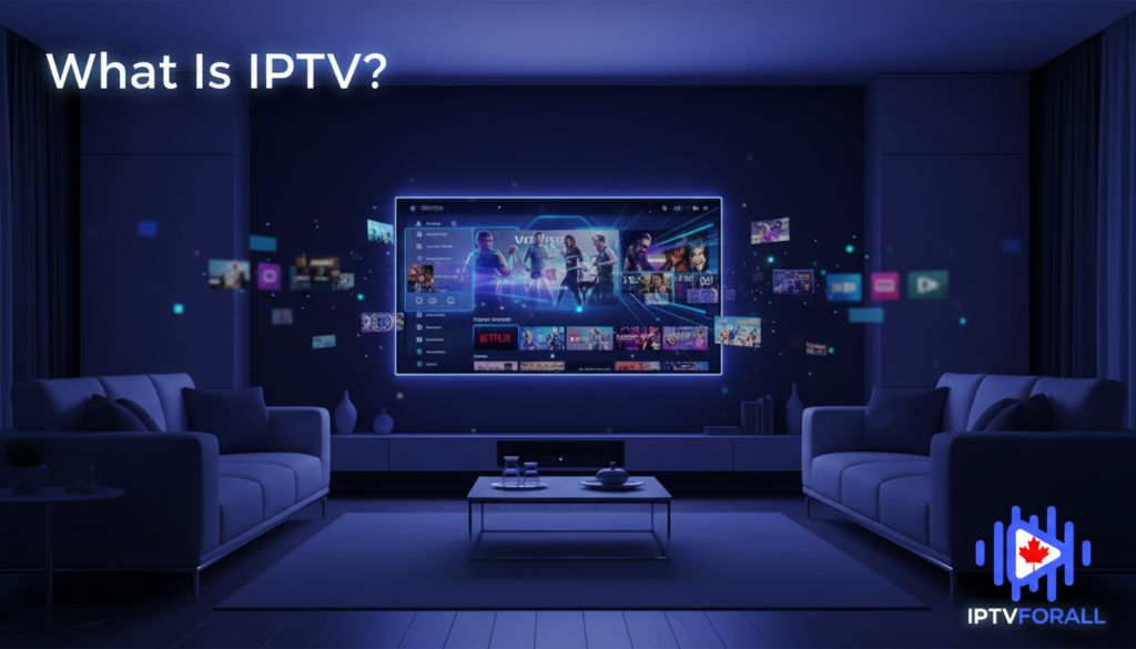 What is IPTV illustrated on a modern smart TV setup showing Internet TV streaming interface in 2026, explaining how IPTV works with premium IPTV service