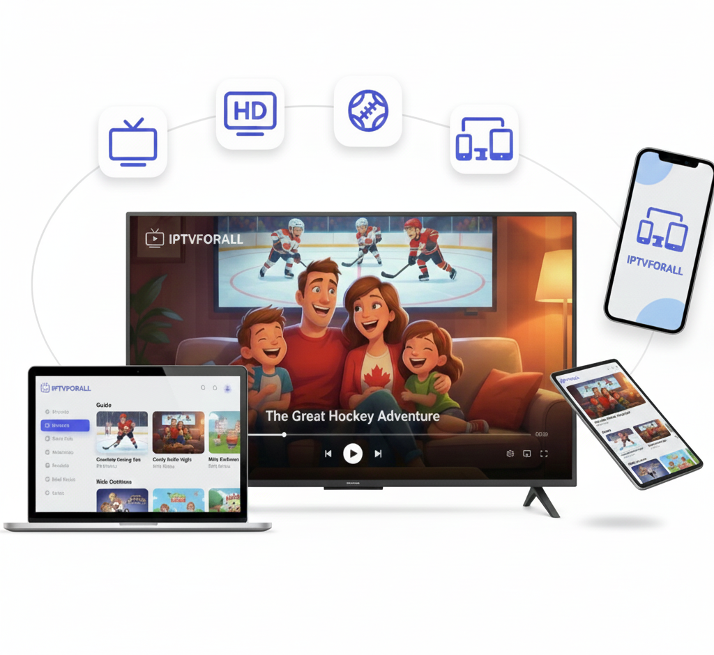 Family watching hockey on multiple devices.