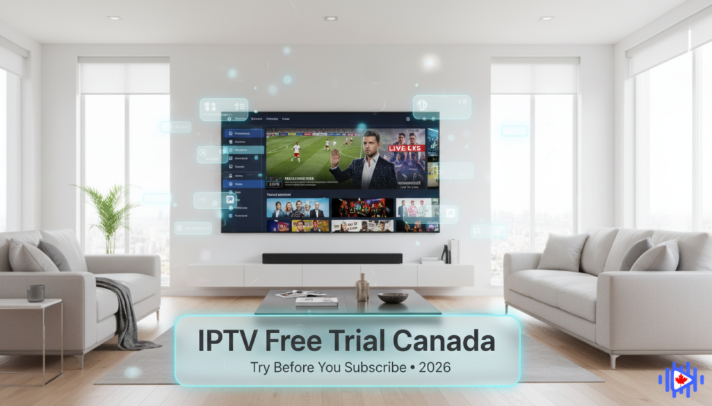 IPTV Free Trial Canada blog header showing a modern living room with a smart TV streaming live channels, highlighting a glassmorphic call-to-action inviting users to try IPTV before subscribing in 2026.