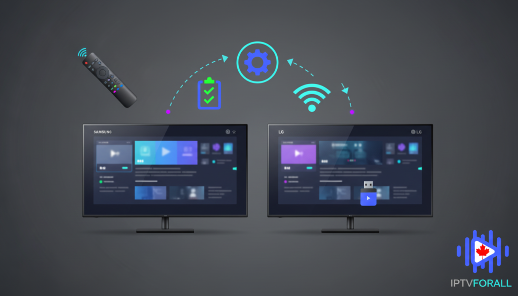 Visual guide illustrating IPTV Smart TV Canada setup on Samsung and LG TVs, including streaming devices, Wi-Fi connection, remote control, and configuration steps