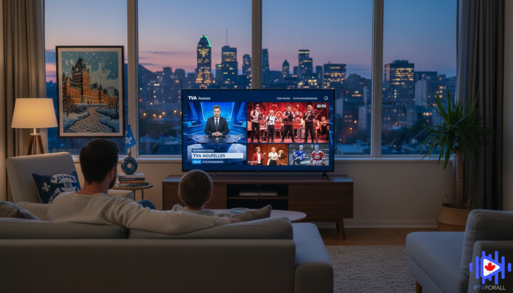 Family watching tv programs o french iptv canada services television.