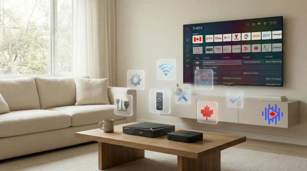 a tv showing IPTV canada Formuler MAG Box on a living room
