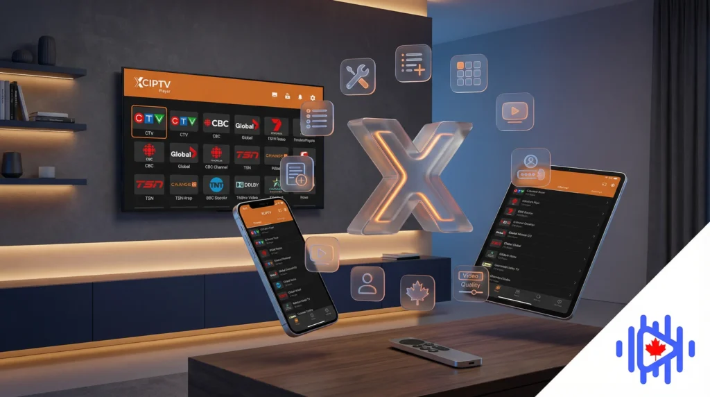 xciptv player icon floating in a living room and a iptv canada tv in the background