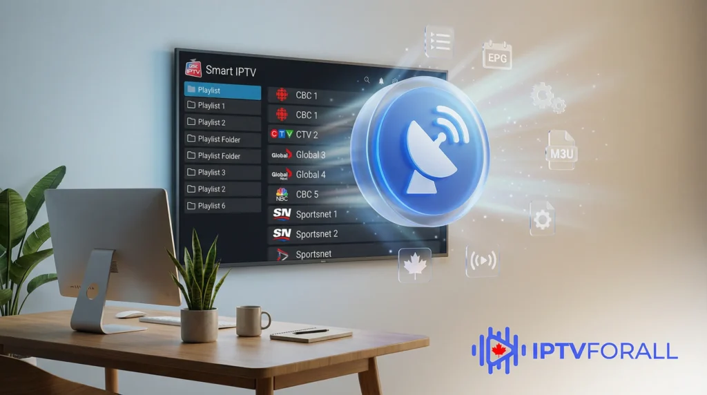 tv and pc on the background and a popping 3d icon from an iptv canada tv