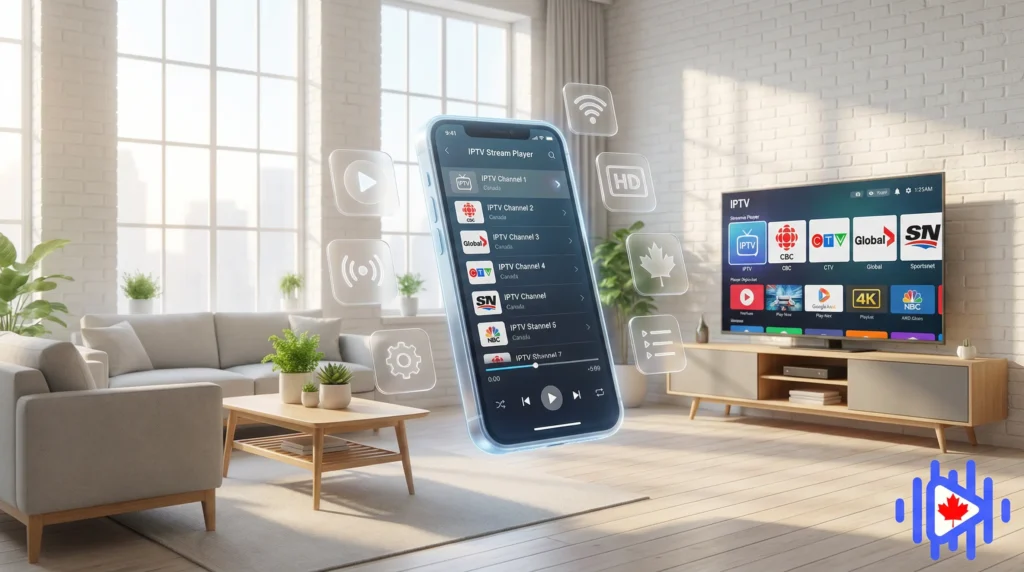 Phone floating in the middle surounded by iptv canada icons showing an iptv set up