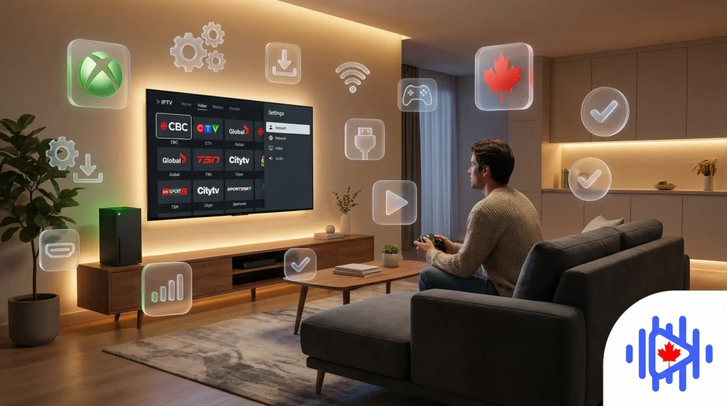 a person configuring how to set up iptv canada on xbox , tv in the background