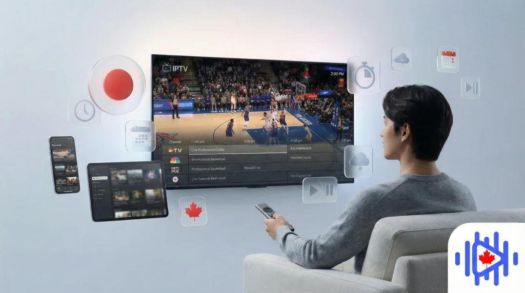 a person recording the best iptv canada service on a flat tv and floating icons surround it